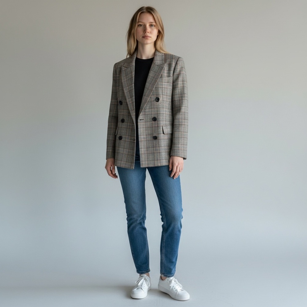Zara Plaid Double Breasted Tailored Blazer Medium